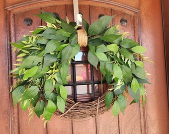 wreath year round green farmhouse door wreath mixed green wreath neutral everyday wreath housewarming gift wreath closing gift airbnb decor