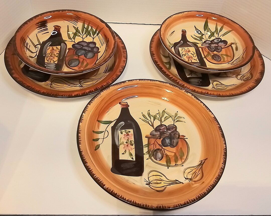 Wine and Grapes Design Dinner and Bowl Plates Set 5 Pieces Vintage ...