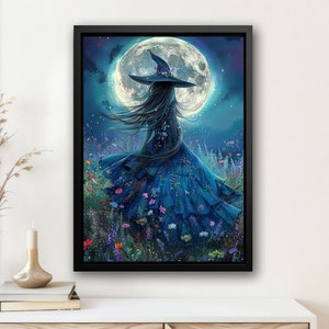 Cottage Young Witch Under Moon Light Canvas Print, Witch Poster Print, Halloween Wall Art, Halloween Wall Decor