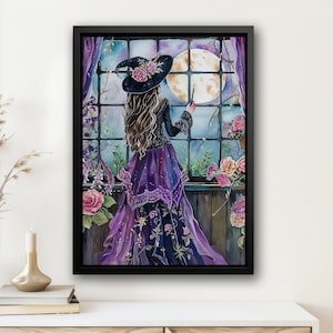 Magical Young Witch Under Moonlight Canvas Print, Witch Poster Print, Halloween Wall Art, Halloween Wall Decor