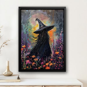 Cottage Young Witch In Flowers Garden Painting, Witchy Canvas Print, Witch Poster Print, Halloween Wall Art