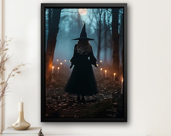 Dark Witch in Forest Canvas Print, Halloween Wall Art