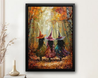 Young Witches In Forest Painting, Witchy Canvas Print, Witch Poster Print, Halloween Wall Art