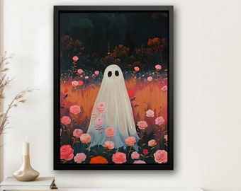 Vintage Ghost in Rose Garden Canvas Print - Halloween Wall Art