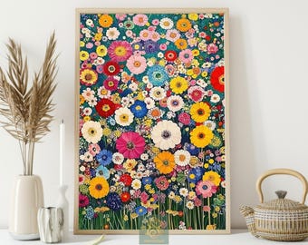 Colorful Wildflower Meadow Canvas Print, Vibrant Floral Poster, Blooming Garden Wall Art Decor