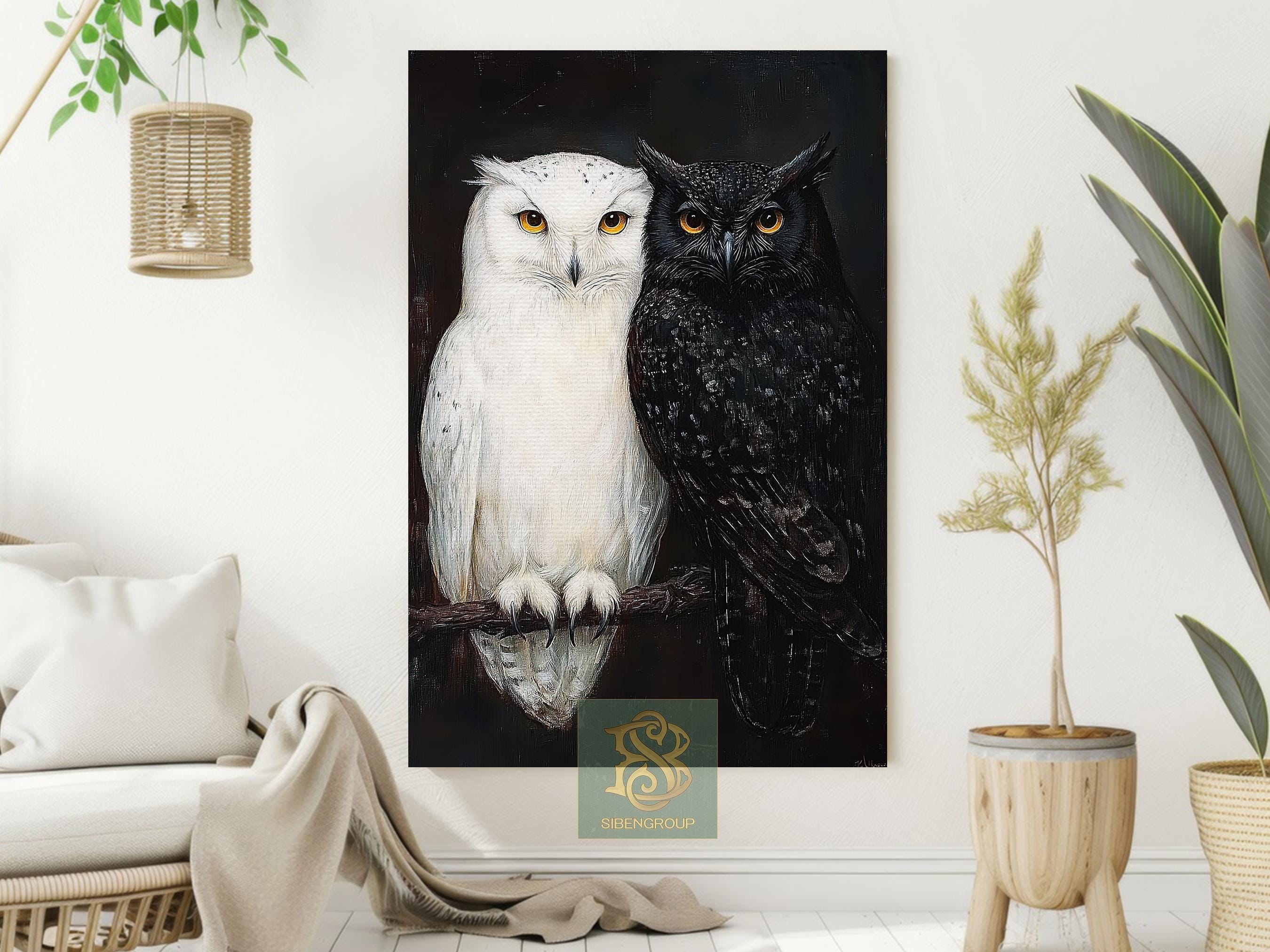 Owl Couple Canvas Print, Black and White Owls Poster, Bird Wall Art ...