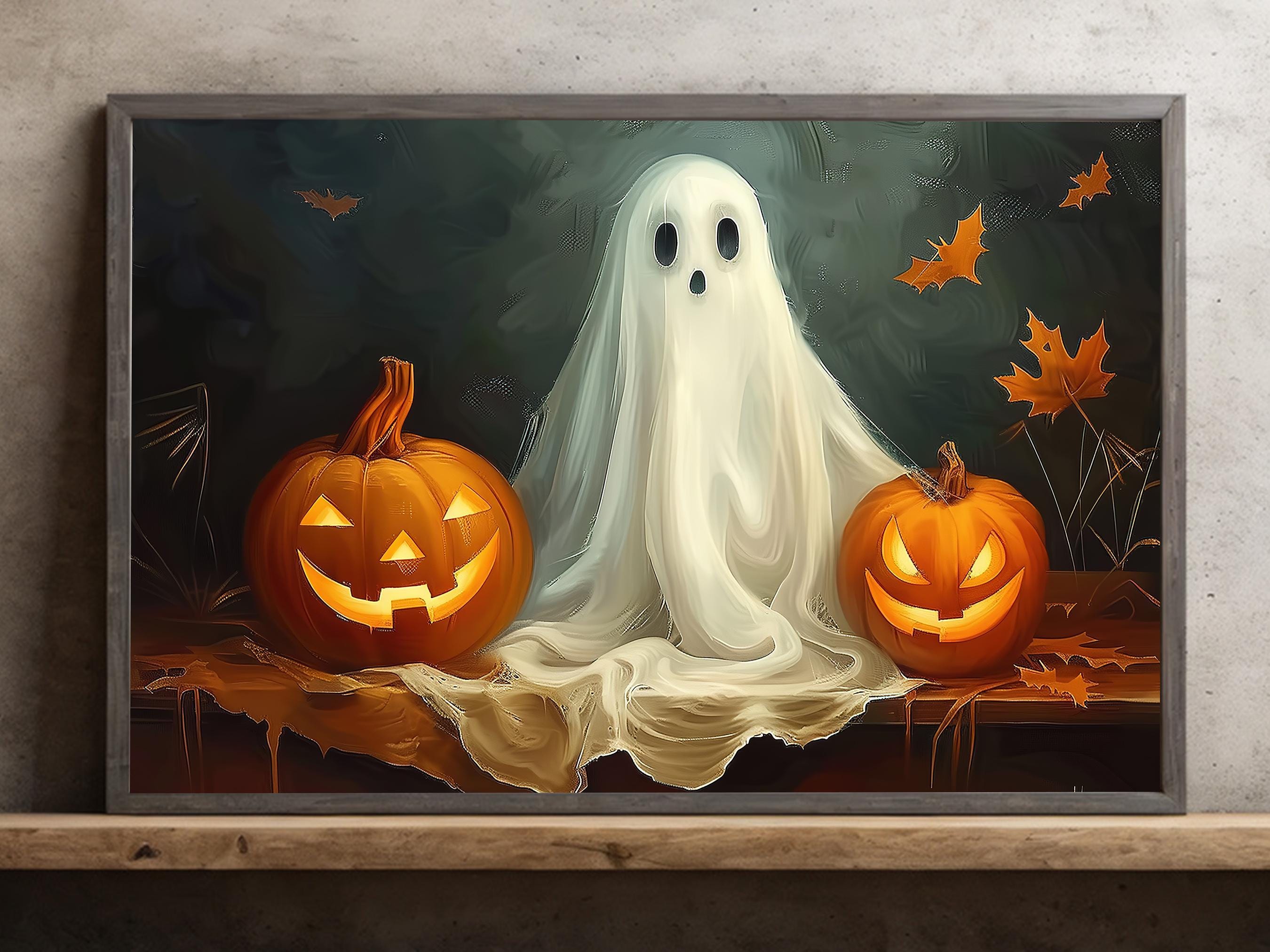 Tableau Toile Halloween Citrouilles Orange - Art Mural Vintage - Fait Main à Suspendre