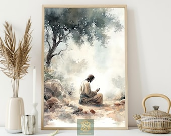 Jesus In Prayer Canvas Print, Spiritual Solitude Poster Print, Faithful Reflection Wall Art Decor