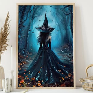 May include: A witch in a black dress and pointed hat stands in a dark forest. The forest is filled with trees and foliage, and the witch's dress is flowing in the wind. The background is a dark blue, and the witch's hat is adorned with a black ribbon.