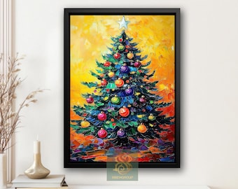 Vintage Christmas Tree Canvas Painting: Holiday Wall Art