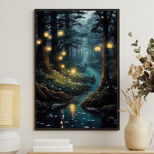 Mythical Creek Painting, Magical Forest Art Print, Enchanted Forest Canvas Print, Gothic Art Print, Dark Academia Art, Forest Poster Print