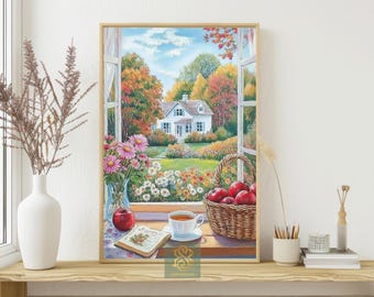 May include: A framed painting depicts a serene countryside scene viewed through an open window. The artwork showcases a white house, vibrant flowers, a basket of apples, and a cup of tea. The color palette includes greens, reds, and blues, creating a warm, inviting atmosphere.