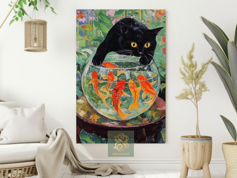 Black Cat Goldfish Bowl Canvas Print: Playful Animal Art - Etsy