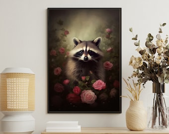 Vintage Raccoon Art Print: Wild Floral Gothic Animal Poster