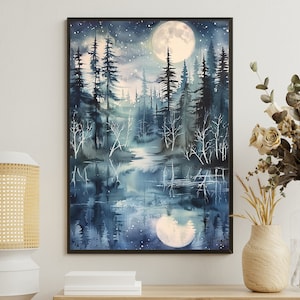 Magical Forest Painting, Enchanted Lake Art Print, Mythical Moon Canvas Print, Magical Forest Poster Print, Landscape Painting