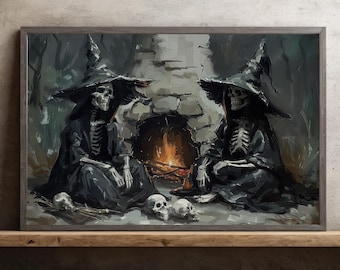 Gothic Skeleton Couple Canvas Print: Dark Halloween Wall Art