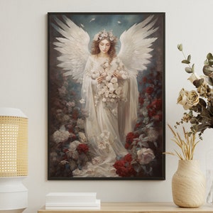 Vintage Floral Angel Painting, Angel Art Print, Angel Canvas Print, Angel Poster Print, Angel Wall Decor, Angels Wall Hanging
