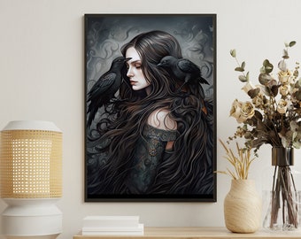 Crow Witch Art Print: Gothic Halloween Canvas Poster
