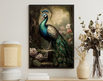 Vintage Peacock Canvas Print: Gothic Dark Academia Art