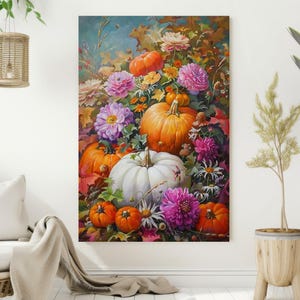 May include: A painting of a still life featuring pumpkins and flowers. The pumpkins are orange and white, and the flowers are pink, purple, and white. The painting is set against a background of green leaves and brown branches.