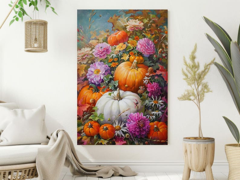 May include: A painting of a still life featuring pumpkins and flowers. The pumpkins are orange and white, and the flowers are pink, purple, and white. The painting is set against a background of green leaves and brown branches.