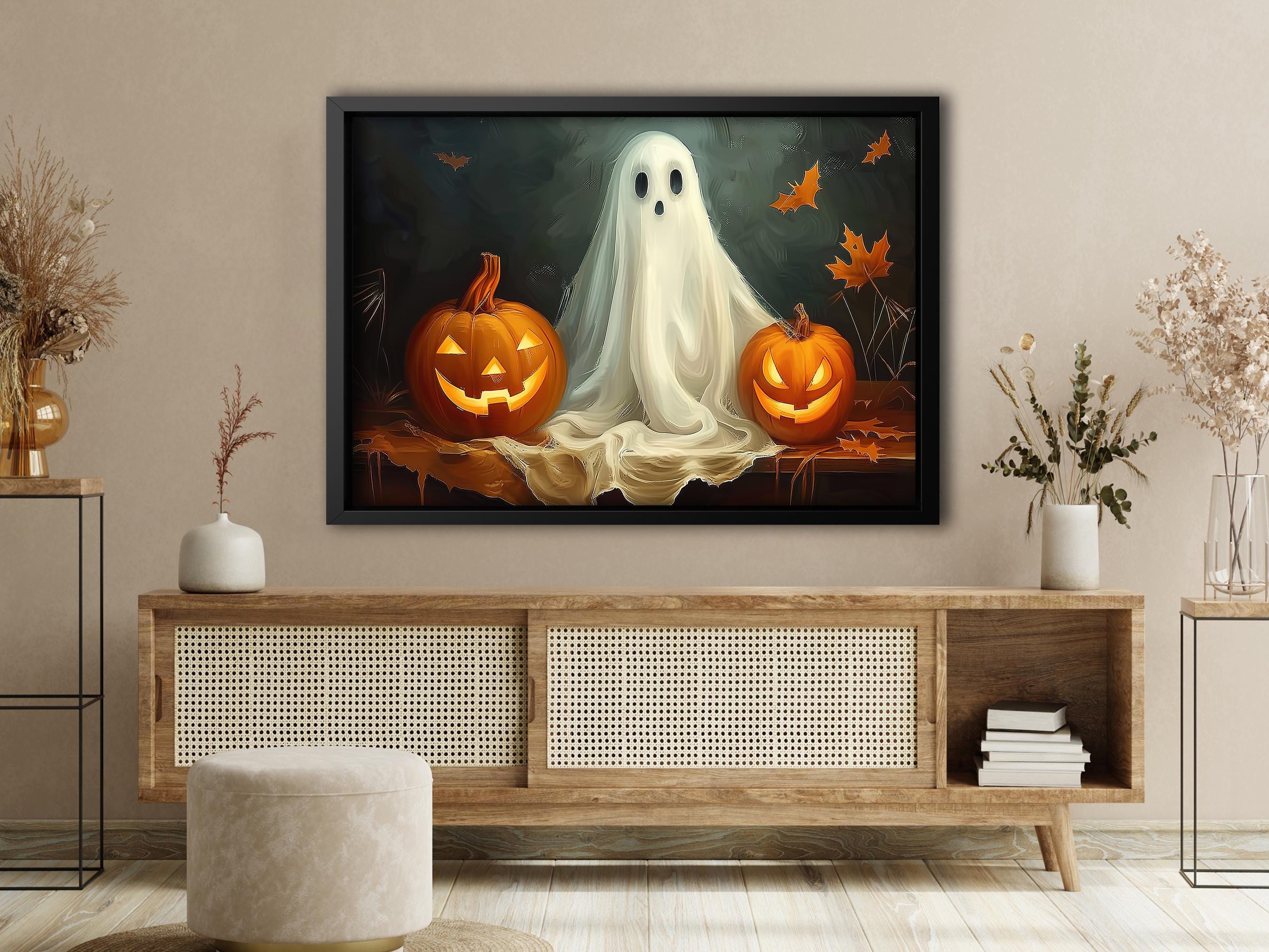 Tableau Déco Halloween Citrouilles Orange Sur Toile Tendue - Style Vintage (neuf)