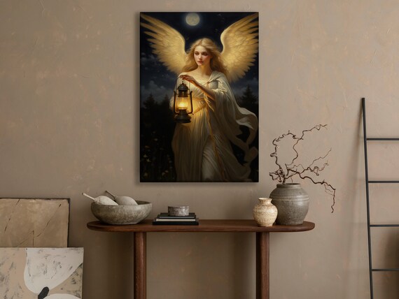 Vintage Angel With Lantern Canvas Art Print - Angelic Wall Decor