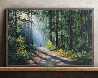 Forest Light Path Canvas Print, Sunbeam Trail Poster Print, Peaceful Walk Wall Art Decor