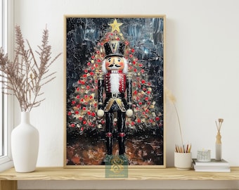 May include: A framed painting of a Christmas nutcracker soldier in a black uniform with red accents, a white beard, and a black top hat. The background features a Christmas tree with red and gold lights, and a gold star on top.