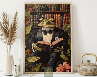 Elegant Frog Reading Canvas Print, Sophisticated Animal Poster, Quirky Library Wall Art