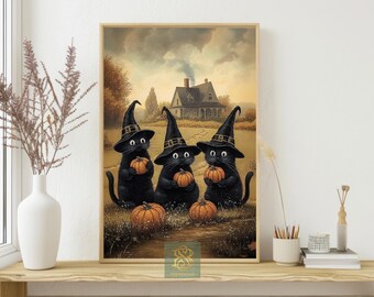 Halloween Black Cats Canvas Print: Witch Hat Autumn Wall Art