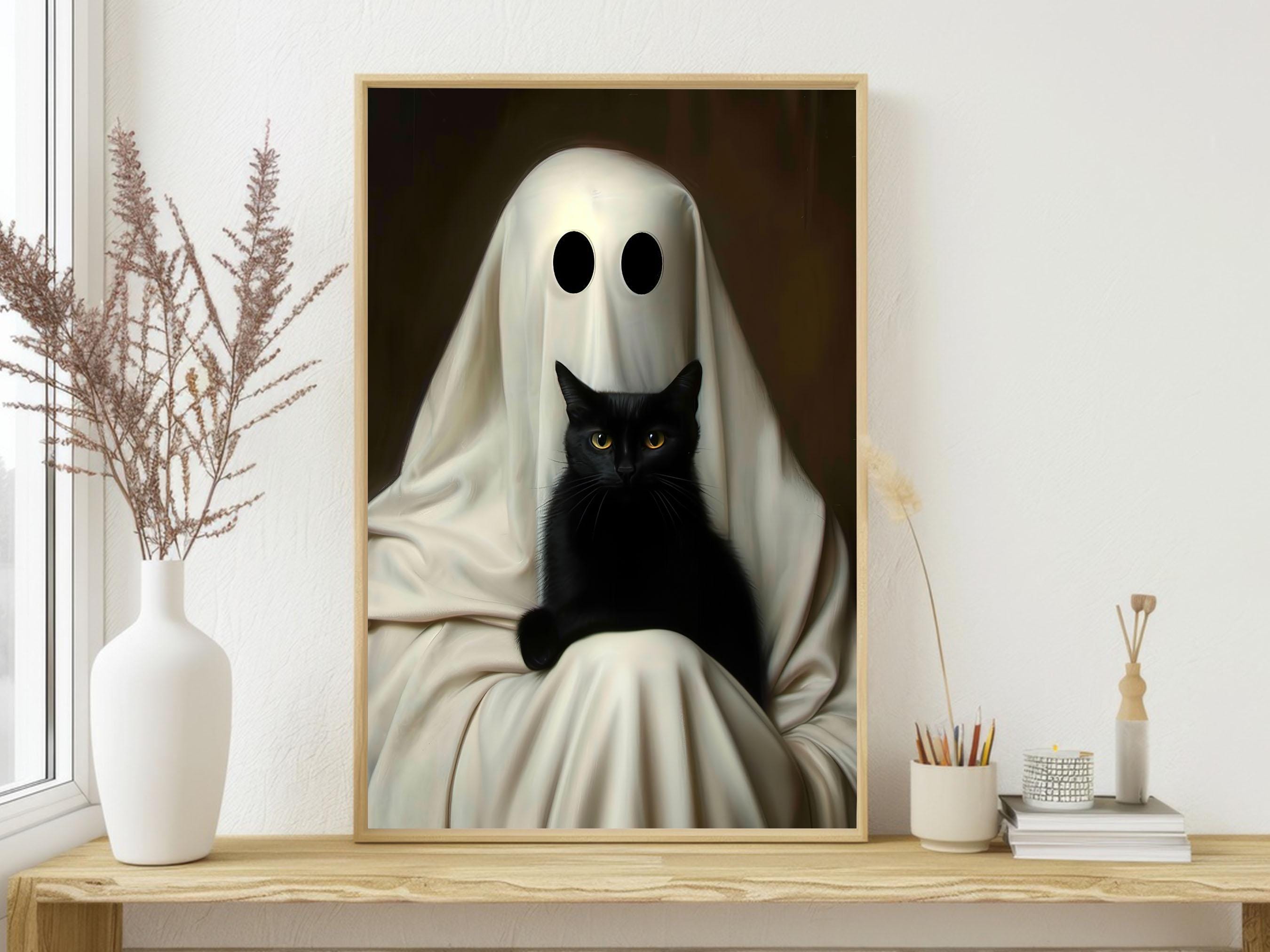 Vintage Ghost and Black Cat Canvas Print: Halloween Wall Art - Etsy
