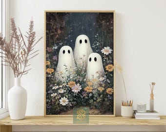 Whimsical Halloween Ghosts Canvas Print: Autumn Wildflower Field Art