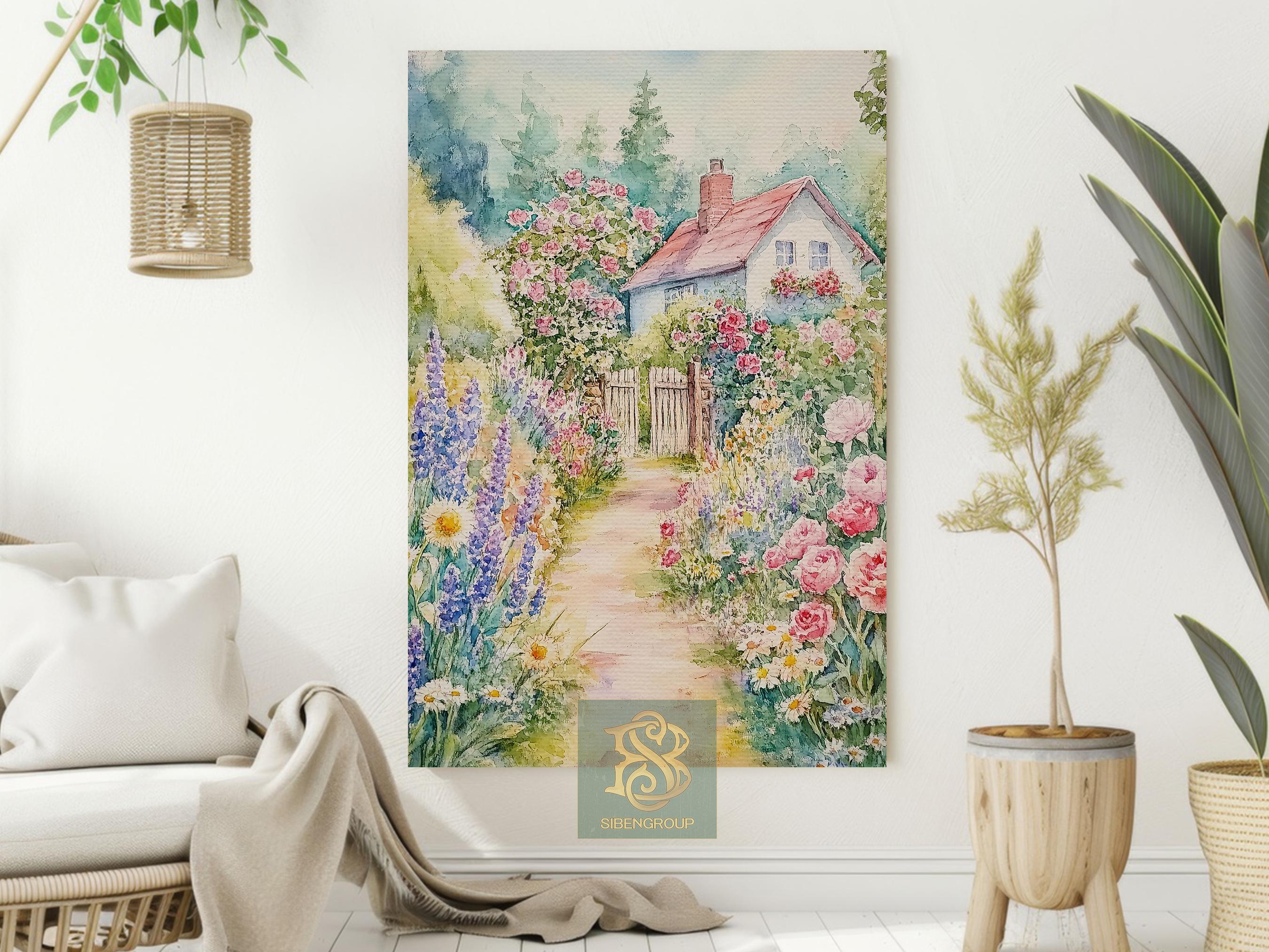 Cottage Garden Canvas Print, Colorful Floral Path Poster Print ...