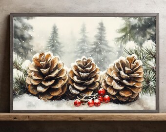 Vintage Christmas Pinecone Canvas: Winter Holiday Wall Art