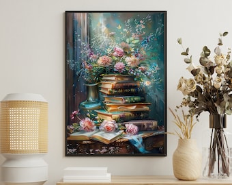 Vintage Magic Books Canvas Print: Cottagecore Floral Wall Art