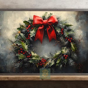 Vintage Christmas wreath Canvas Print, Cottage Xmas Poster, Christmas Wall Art, Christmas Decor