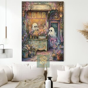 Haunted Flower Shop Canvas Print, Ghost Wall Art, Cozy Spooky Floral Poster, Autumn Cottagecore Decor, Whimsical Halloween Artwork zdjęcie 4