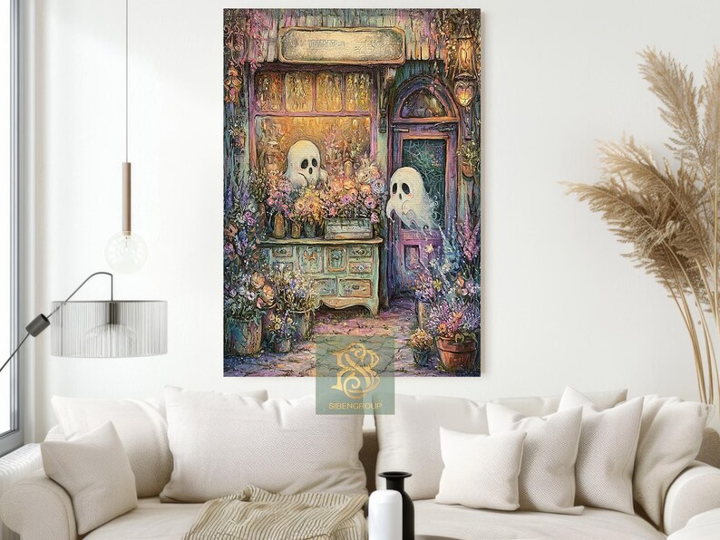 Haunted Flower Shop Canvas Print, Ghost Wall Art, Cozy Spooky Floral Poster, Autumn Cottagecore Decor, Whimsical Halloween Artwork zdjęcie 4