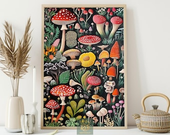 Vintage Mushroom Garden Canvas Print, Botanical Mushroom Poster, Woodland Fungi Wall Art Decor