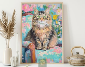 Fluffy Cat Canvas Print, Colorful Pet Portrait Poster, Feline Art Wall Art Decor