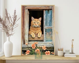 Orange Tabby Cat Canvas Print: Rustic Farmhouse Wall Art