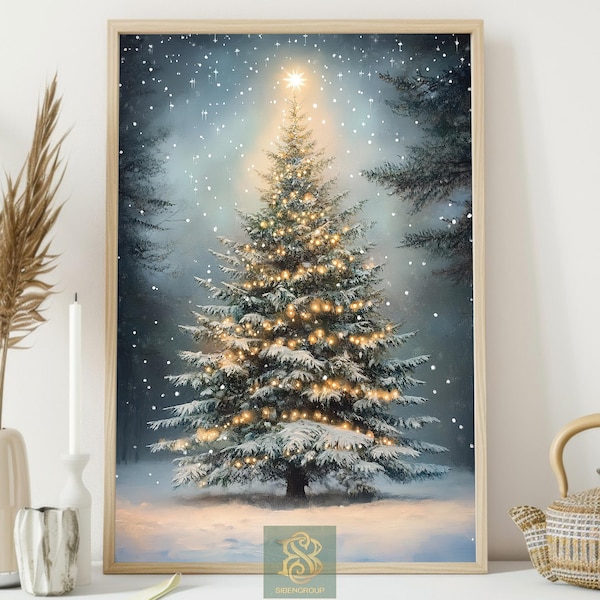 Vintage Christmas Tree Canvas Print: Cottage Holiday Wall Art