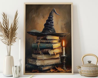 May include: A framed print depicts a stack of old books topped with a black witch's hat. A lit candle sits beside the books, casting a warm glow. The artwork has a vintage, magical theme.