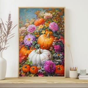 May include: A painting of a still life featuring pumpkins and flowers. The pumpkins are arranged in a cluster, with a white pumpkin in the centre. The flowers are a mix of pink, purple, and white, and they are arranged around the pumpkins. The background is a blurred image of a garden.