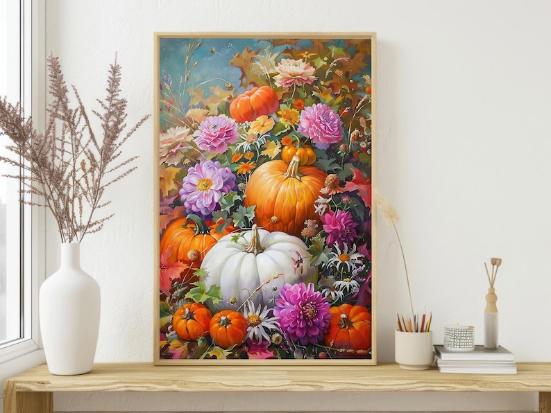 May include: A painting of a still life featuring pumpkins and flowers. The pumpkins are arranged in a cluster, with a white pumpkin in the centre. The flowers are a mix of pink, purple, and white, and they are arranged around the pumpkins. The background is a blurred image of a garden.