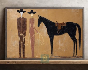 Western Couple Horse Canvas Print, Minimalist Cowboy Poster, Rustic Ranch Wall Art Decor