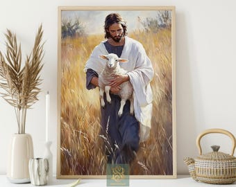 Jesus Holding Lamb Canvas Print, Good Shepherd Poster Print, Faithful Grace Wall Art Decor
