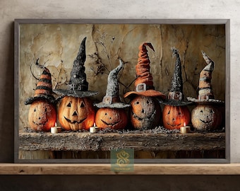 Pumpkin Witches Canvas Print, Rustic Halloween Decor Poster, Gothic Spooky Wall Art