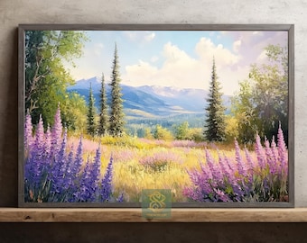 Lavender Mountain Meadow Canvas Print, Summer Hillside Poster Print, Scenic Nature Landscape Wall Art
